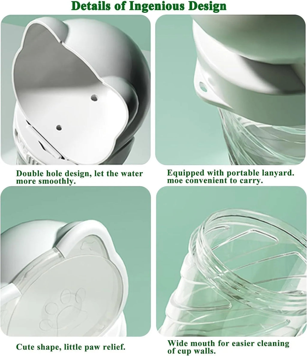 Green 3-in-1 pet water bottle with food container top and waste bag dispenser base, held by hand strap.