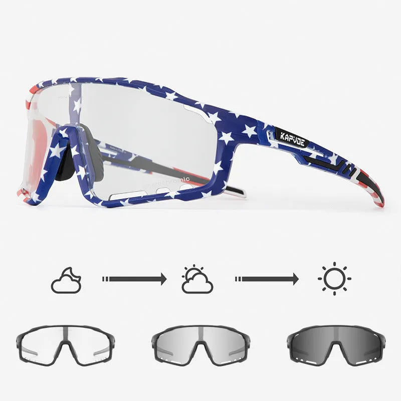 Semi-rimless photochromic cycling glasses with a TR90 frame, shown in a sport setting.