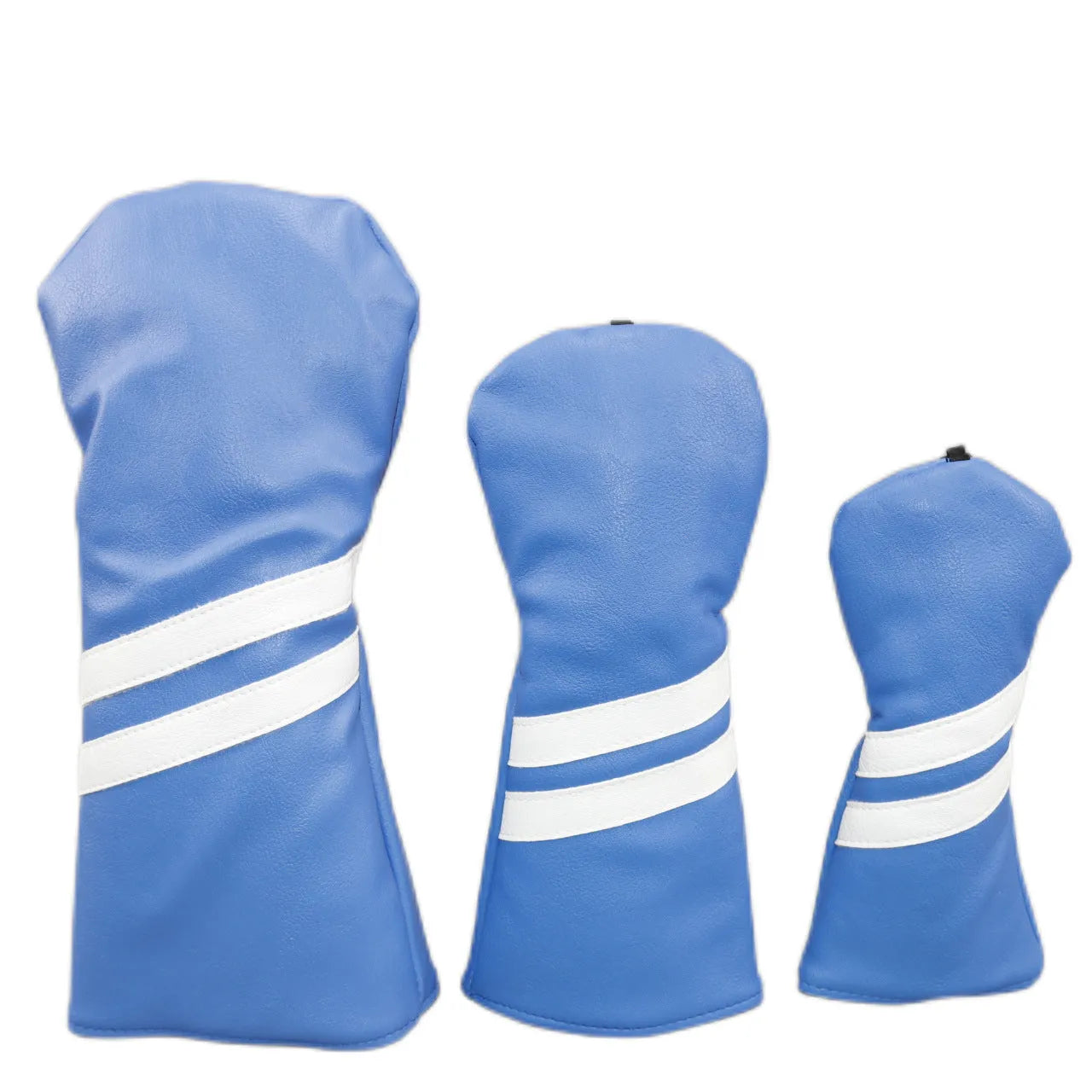 Oblique double stripe golf club head cover in PU material, shown in blue on a golf club.
