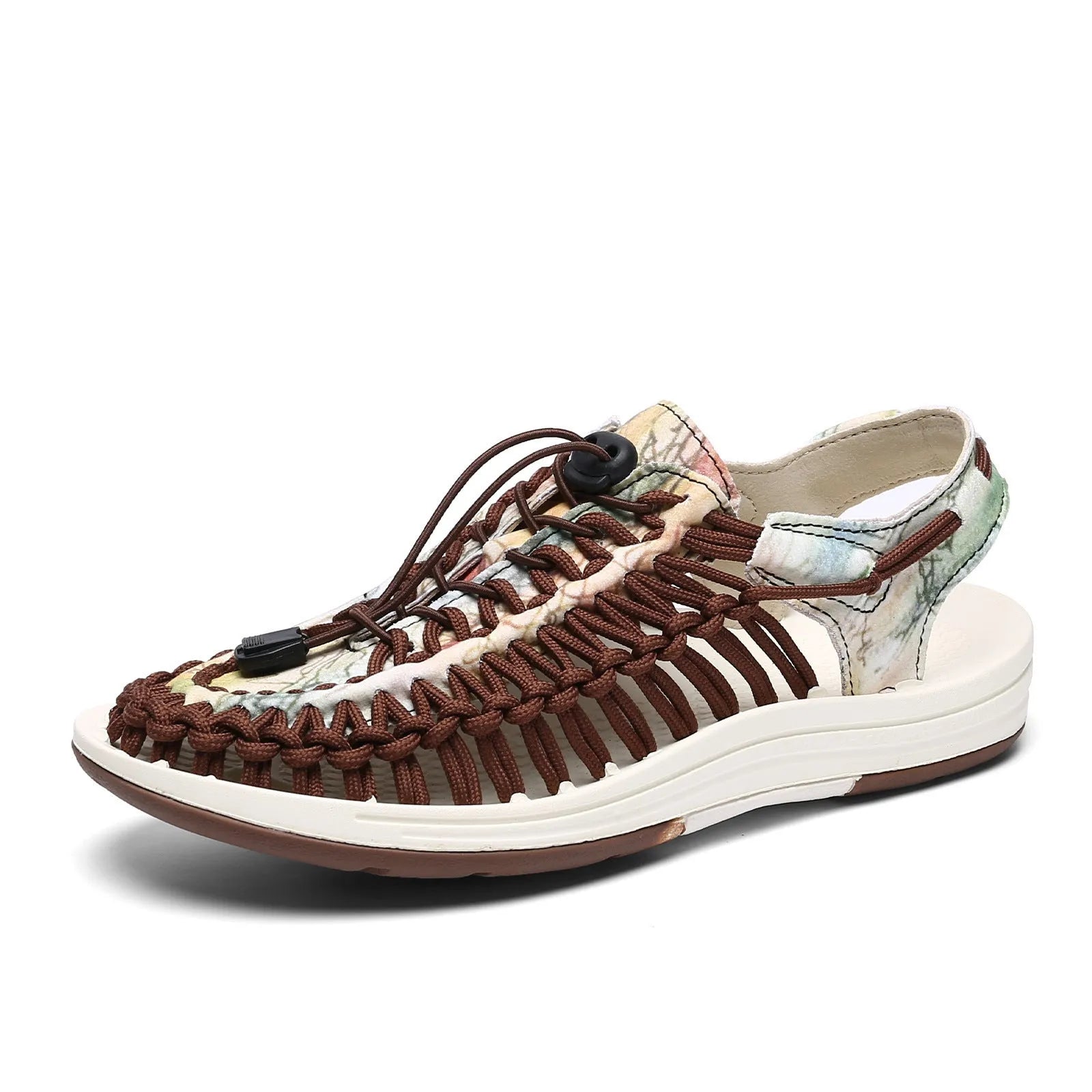 Woven Roman sandals with an elastic drawstring tie in multiple colour options on a rubber sole.