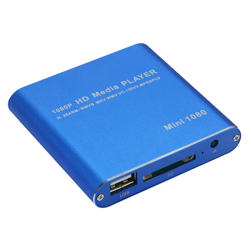 Compact blue and black all-metal 1080P Full HD media player with HDMI port for SD cards and USB drives.