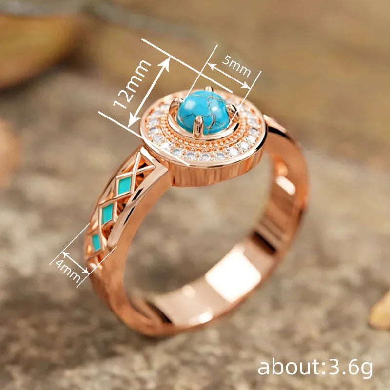 Women's turquoise ethnic style copper ring with oil micro inlaid zircon geometric design in rose gold colour