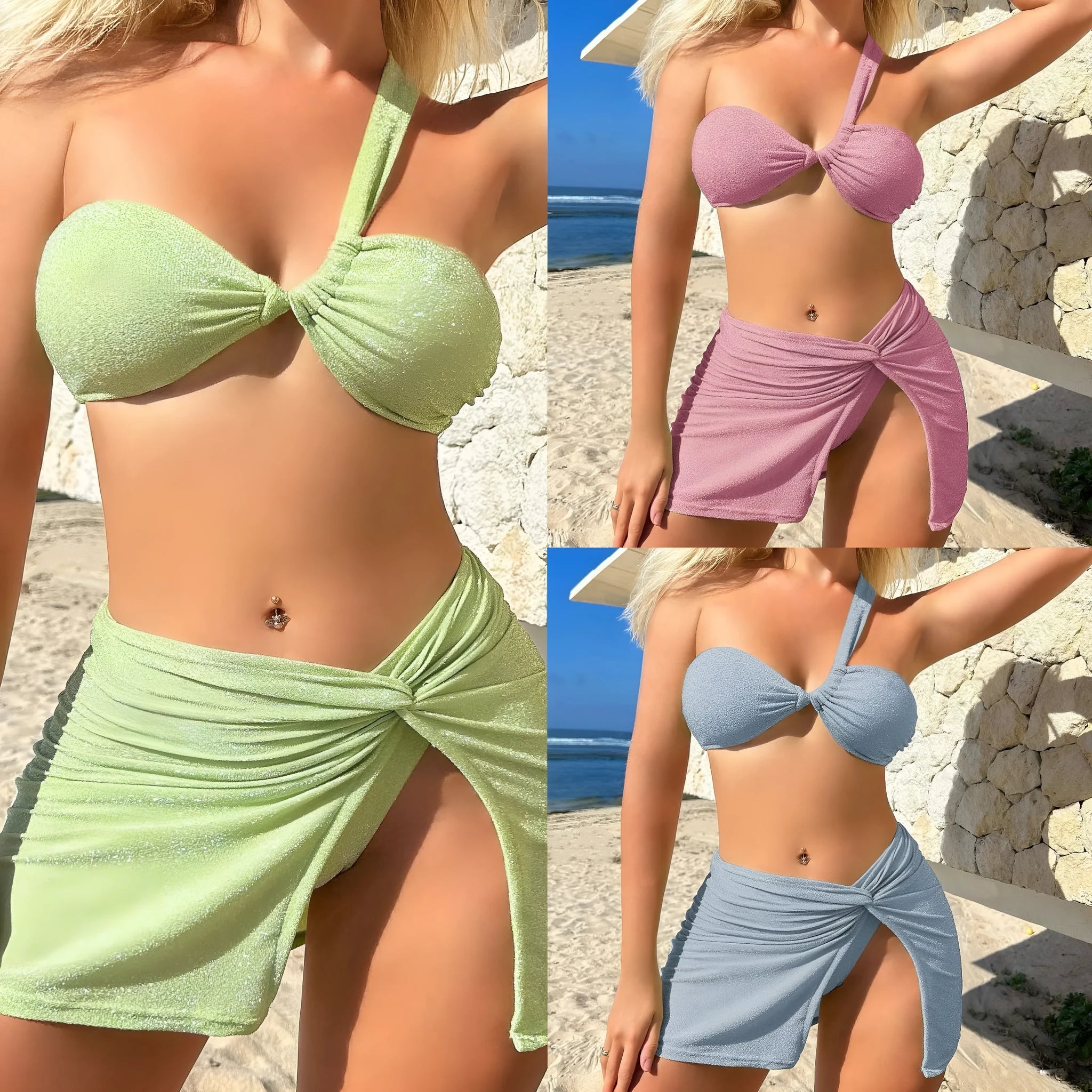 Women's one-shoulder tube top three-piece swimsuit set in glossy polyester fabric with matching skirt