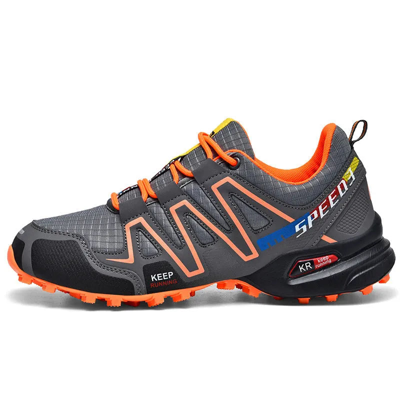Men's grey and orange synthetic leather low-top casual shoes with a rubber sole