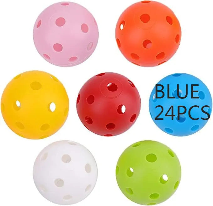 Six multi-colour 42mm golf practice balls including red, orange, blue, green, white, and yellow options