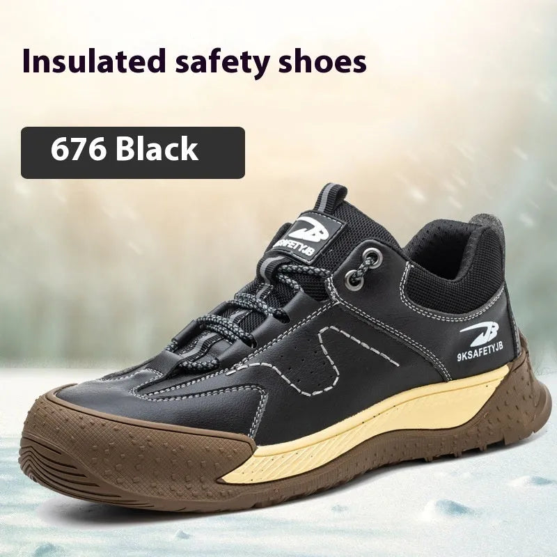 Flyknit leather work safety shoes with rubber sole in black, available sizes 36-46