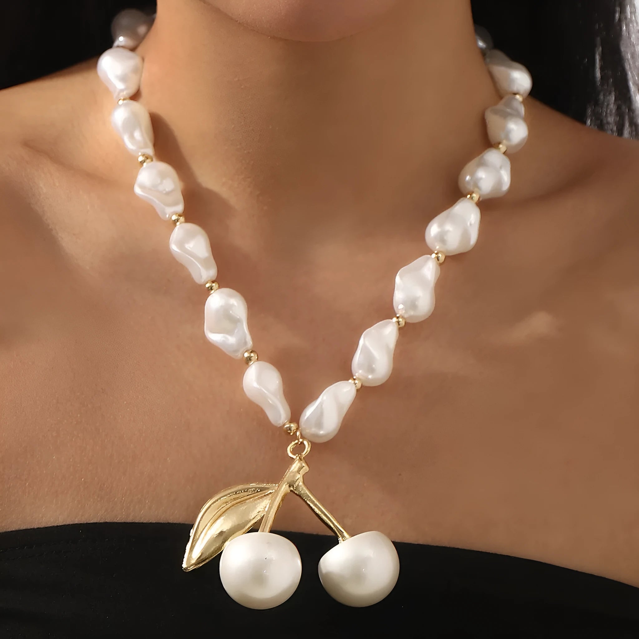 Gold geometric cherry fruit pendant on imitation pearl chain necklace for women