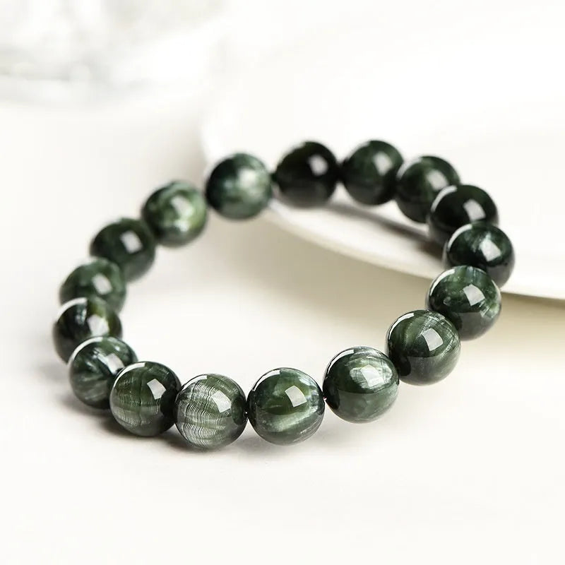 Natural green dragon crystal bracelet with 8-9mm round beads and Ruyi decorative elements