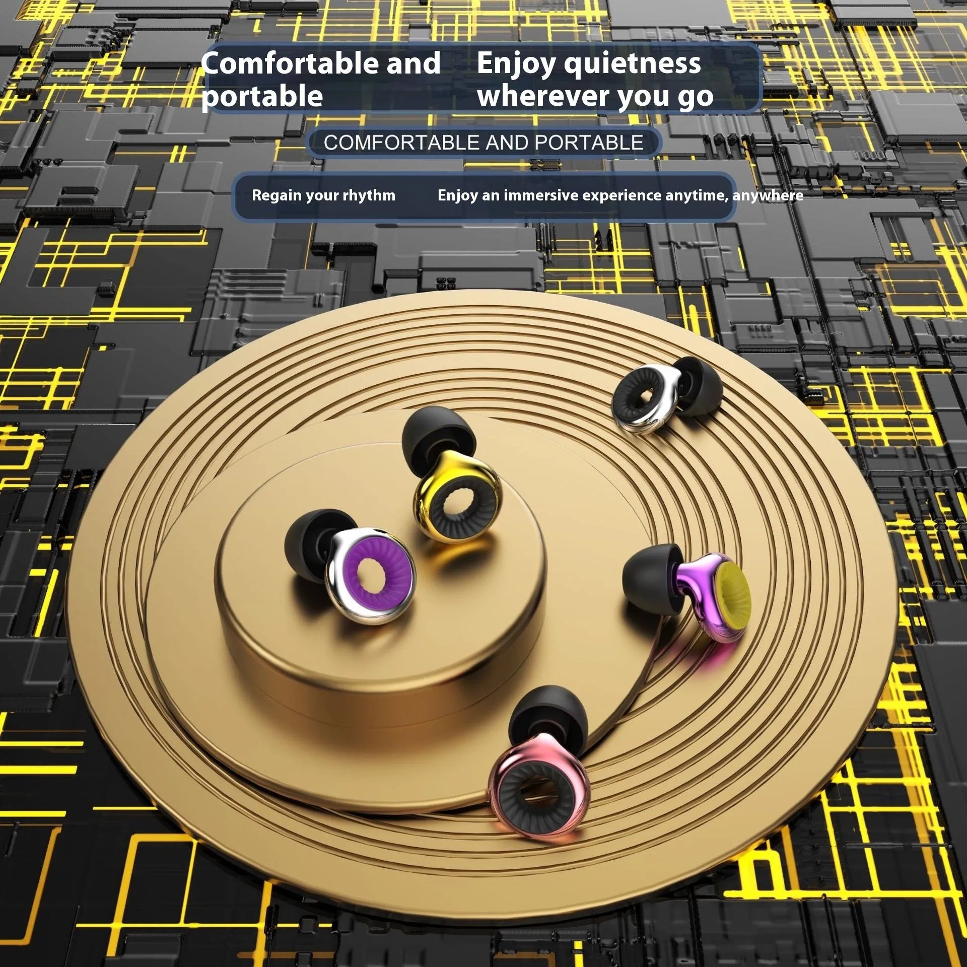 Noise reduction earplugs in gold, silver, transparent, purple, and rose gold with storage box