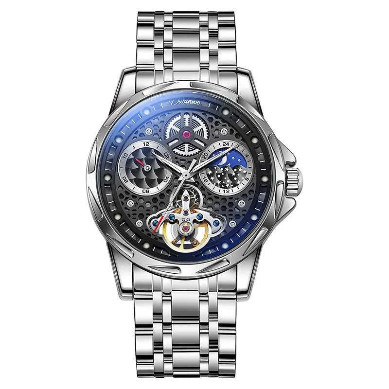 Men's automatic waterproof watch with luminous hands and stainless steel case on leather strap