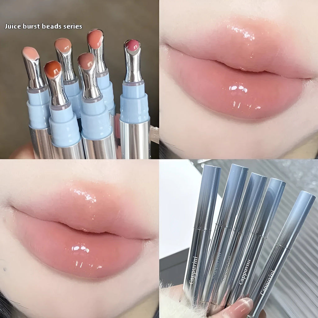 Mirror Water Light Lip Gloss Lipstick in six sheer shade options including Almond Ice and Raspberry Ice.