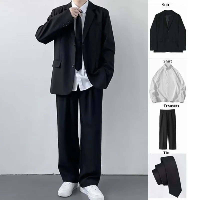 Men's plus size suit jacket set with trousers, white shirt, and tie in college style