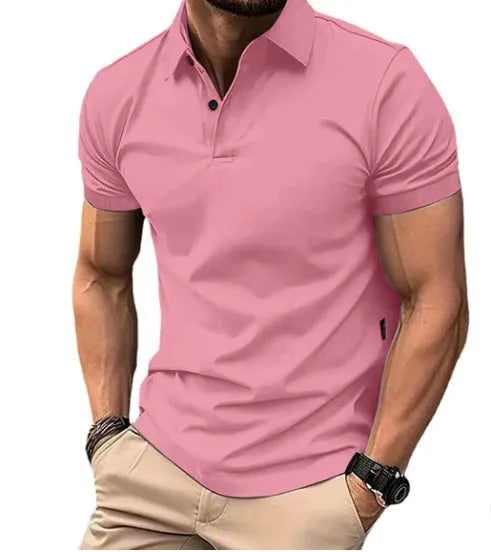 Men's slim fit casual short sleeve button-up shirt in a solid colour on a hanger.