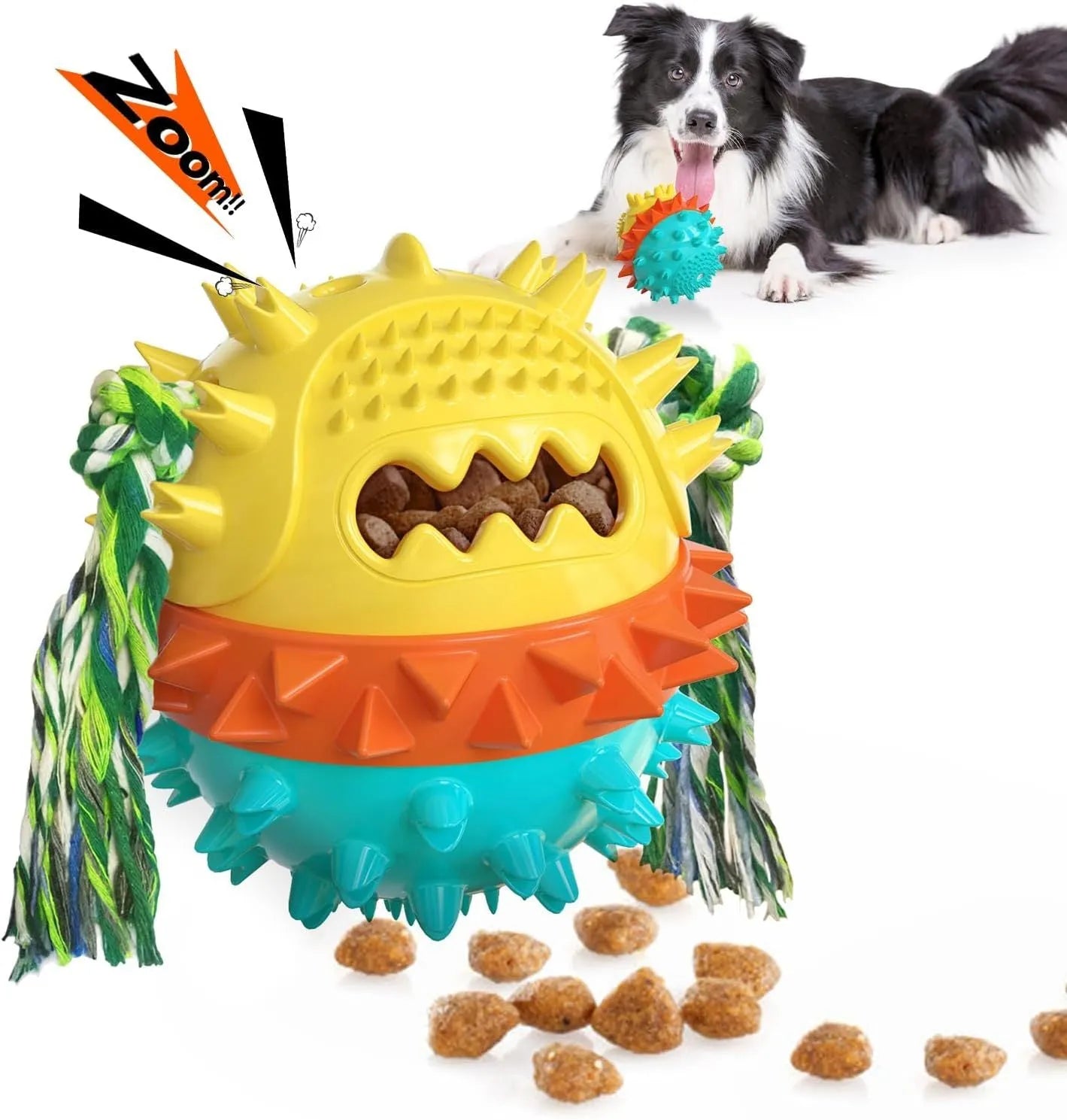 Blue and red TPR rubber dog chew toy with treat dispenser hole and textured surface.