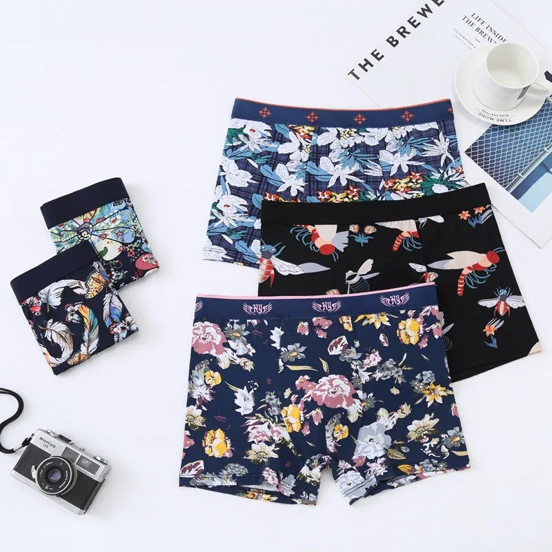 Men's cotton boxer underwear with U-shaped design in floral pattern colours