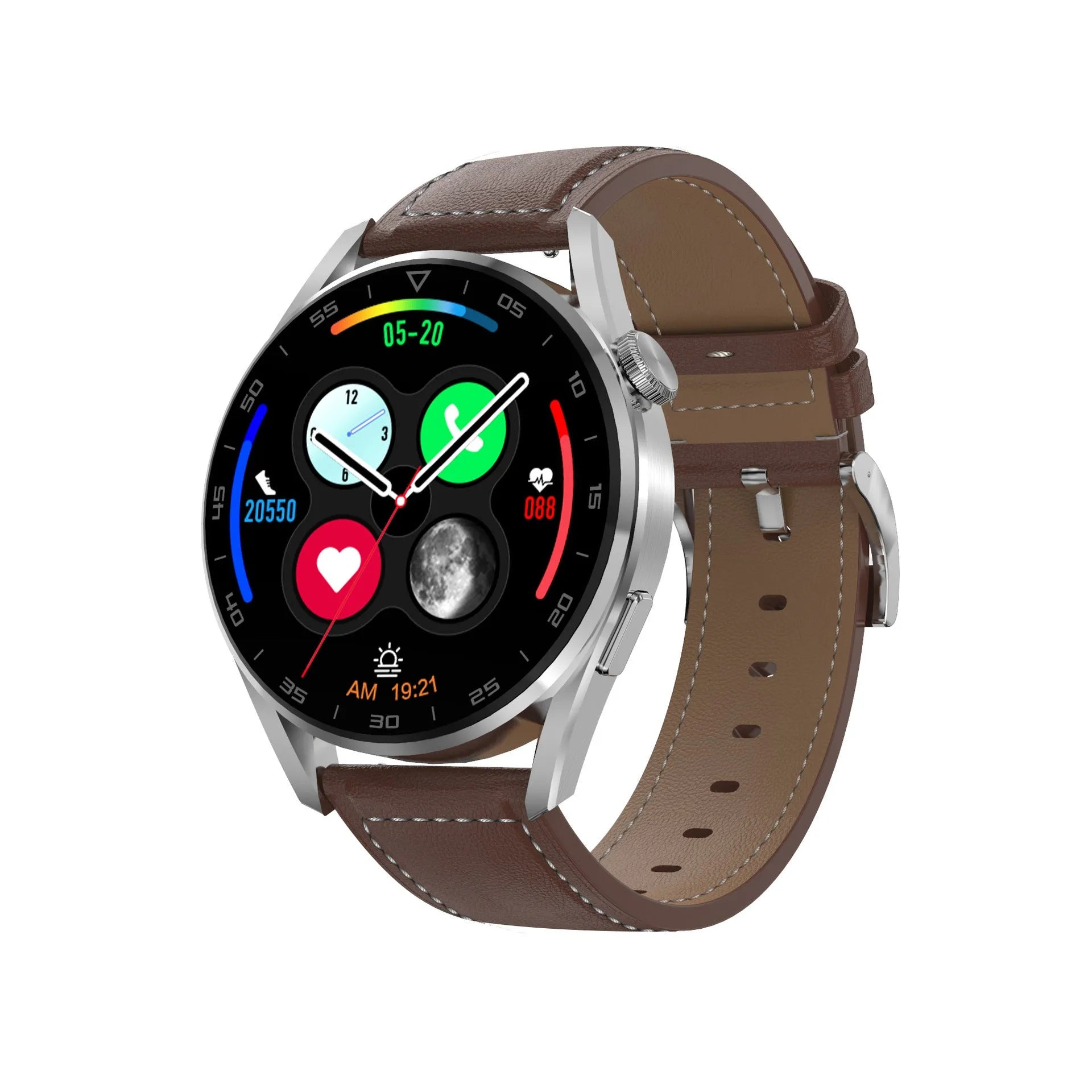 Bluetooth smart watch with metal wristband showing 1.3-inch touchscreen displaying phone call interface