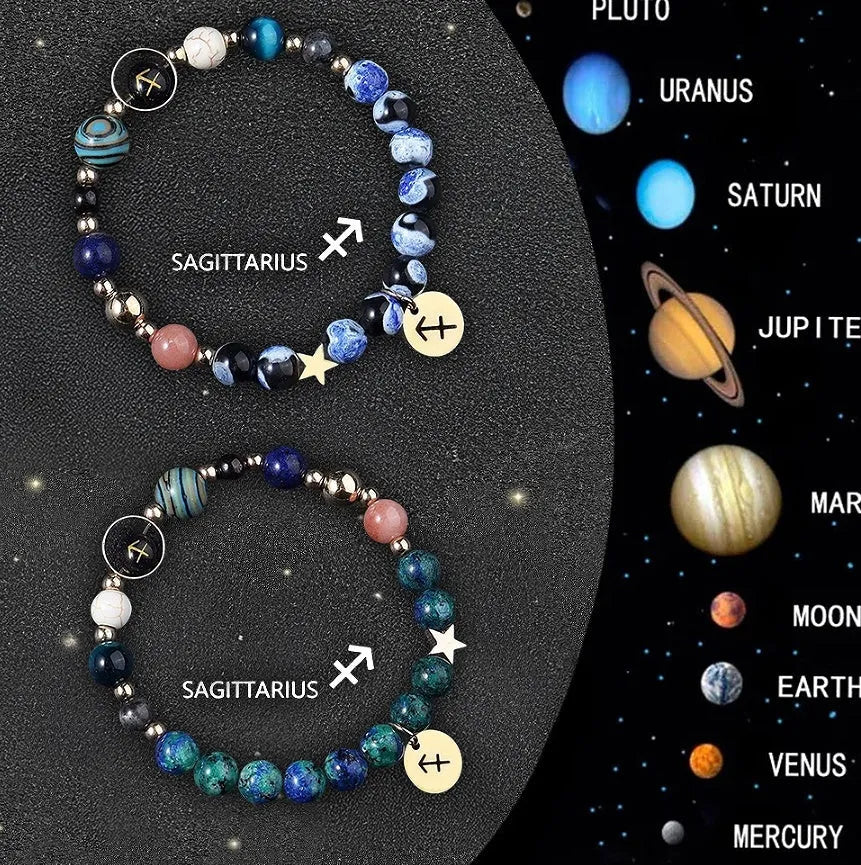 Natural stone zodiac bracelet set showing twelve astrology sign designs with mineral bead construction