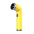 Bladeless handheld fan in apricot colour with USB charging port and turbine airflow design