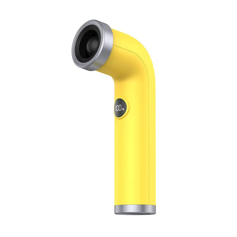 Bladeless handheld fan in apricot colour with USB charging port and turbine airflow design
