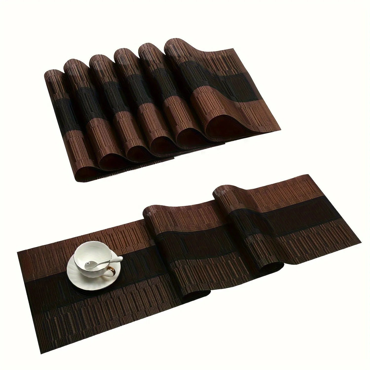 PVC non-slip dish mat in gradient bamboo design protecting kitchen worktop with dishes