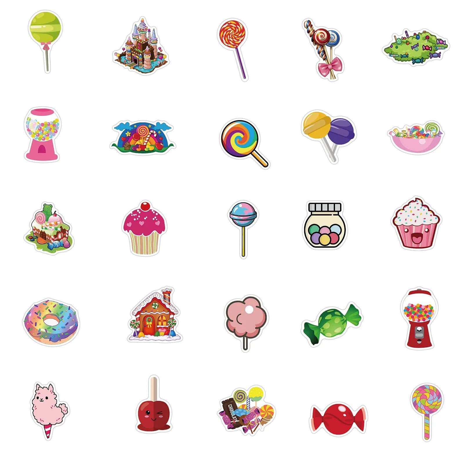 Pack of 50 colourful candy theme graffiti stickers, each measuring 4-6cm.
