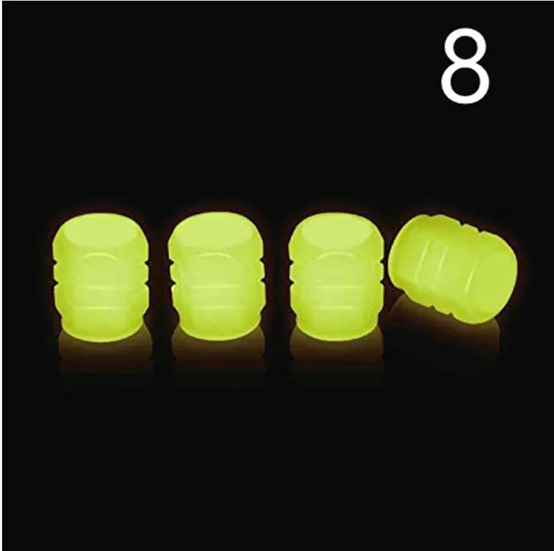 Rubber luminous tyre valve caps in multiple colours showing pack size options for bicycle and motorbike wheels