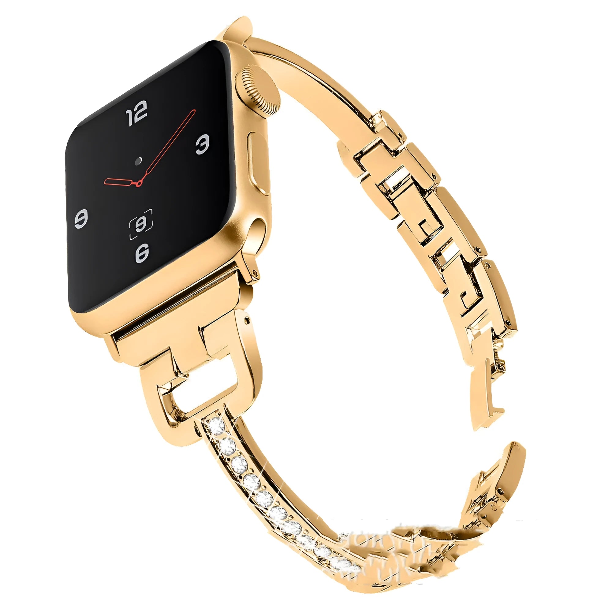 D-shaped metal diamond pattern strap for Apple Watch in silver, shown next to black and gold colour options.