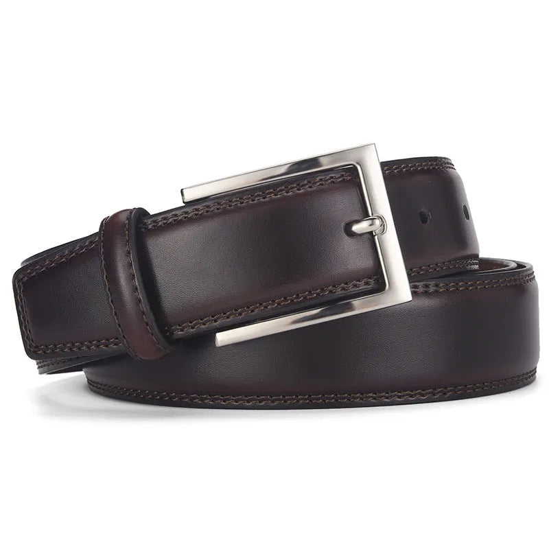 Men's genuine leather belt with alloy pin buckle in black or brown available in multiple lengths