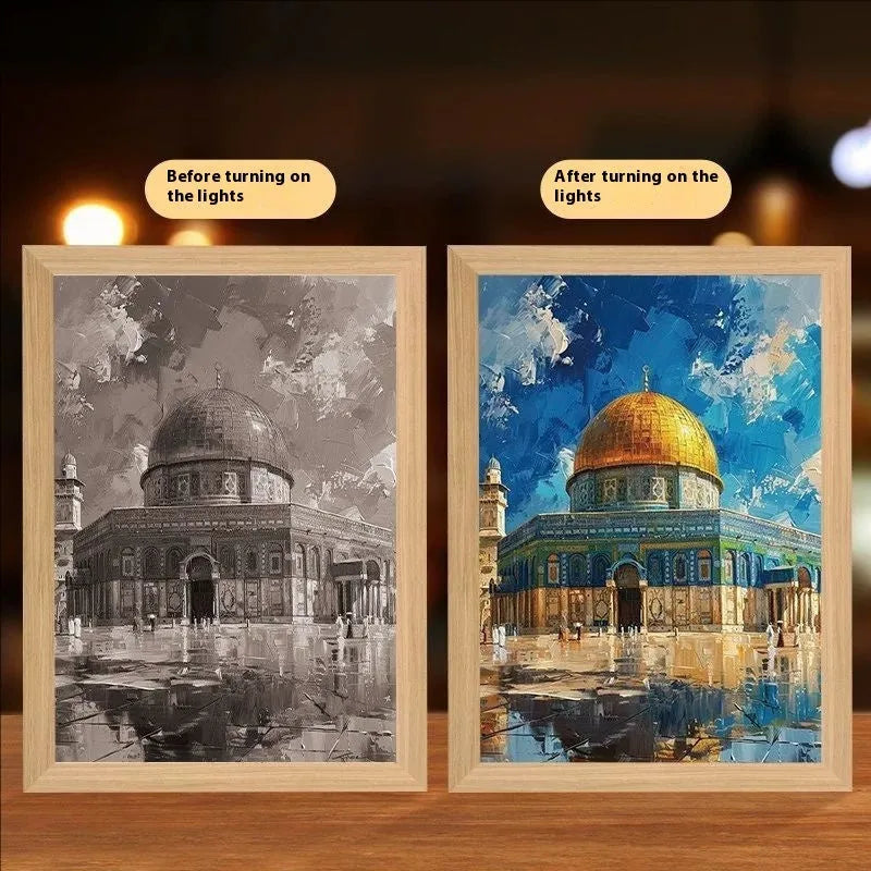 Modern rectangular LED photo frame displaying changeable sea scene artwork with built-in illumination