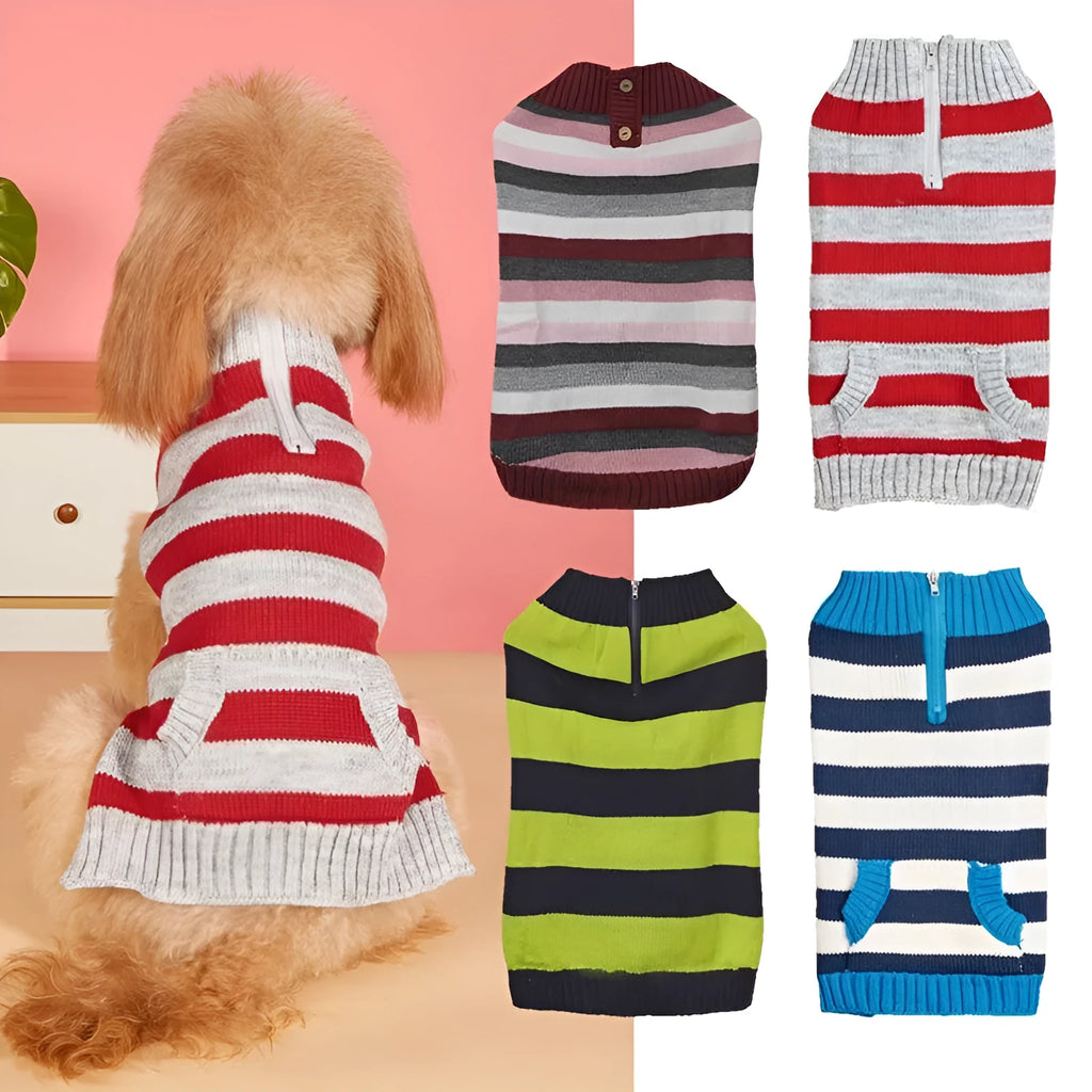 Grey dog sweater with horizontal zipper and button-accented pockets for small medium breeds