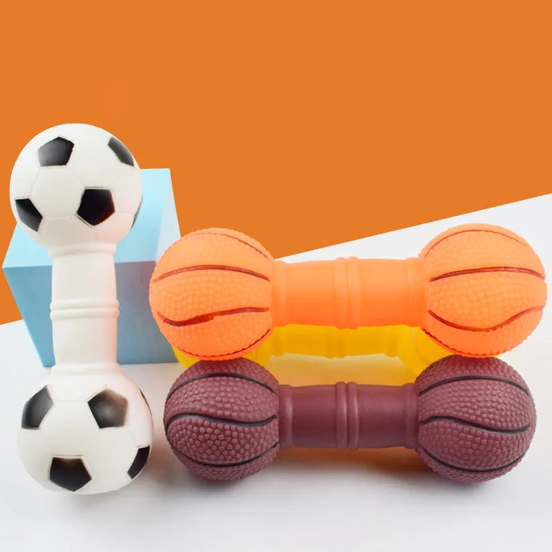 Brown PVC dog chew toy shaped like a dumbbell with football ends on a white background.