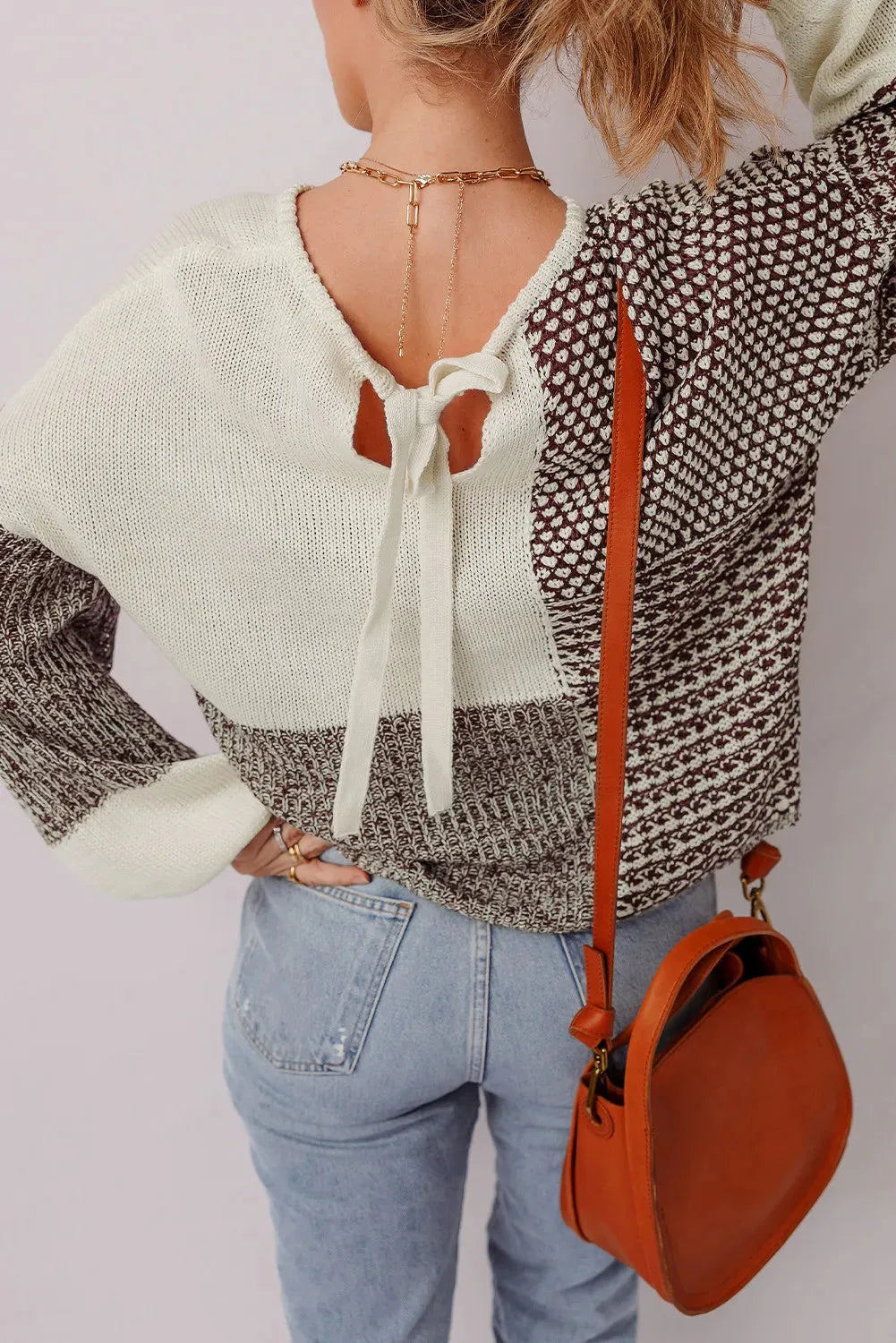 Dark khaki colour block loose sweater with drop shoulders and a back tie fastening.