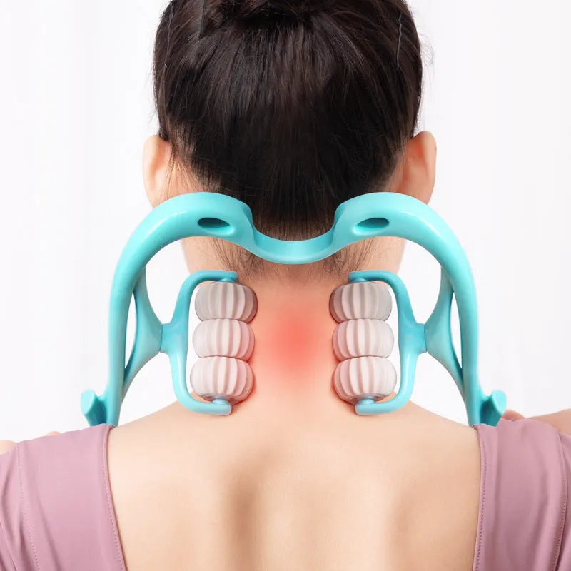 Blue plastic handheld massage roller with six rotating wheels for neck and shoulder tension relief
