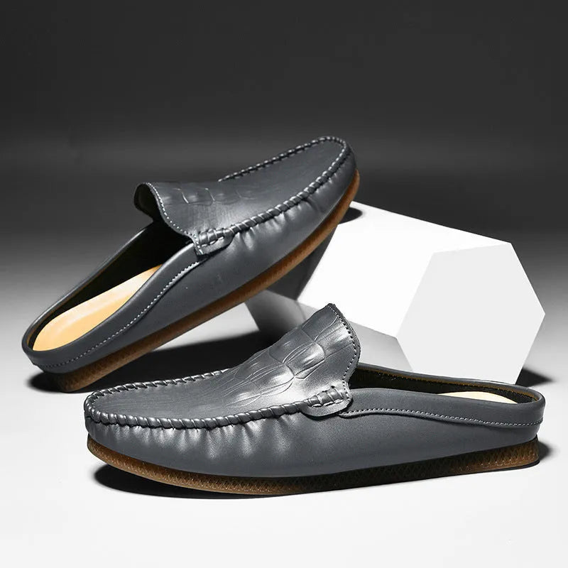 Men's black breathable Gommino semi-slippers with artificial PU upper and rubber sole.
