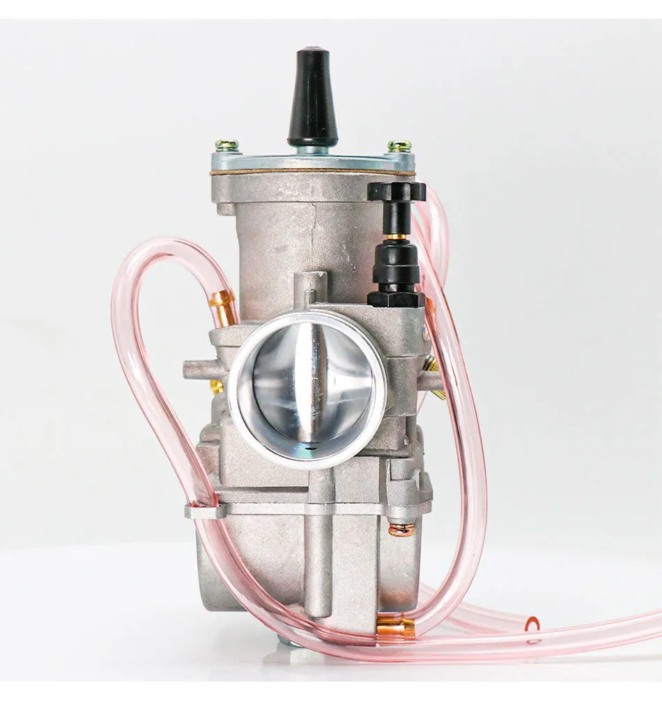 Motorcycle carburettor modification kit with sandblasted finish, showing size options from 21mm to 34mm bore.