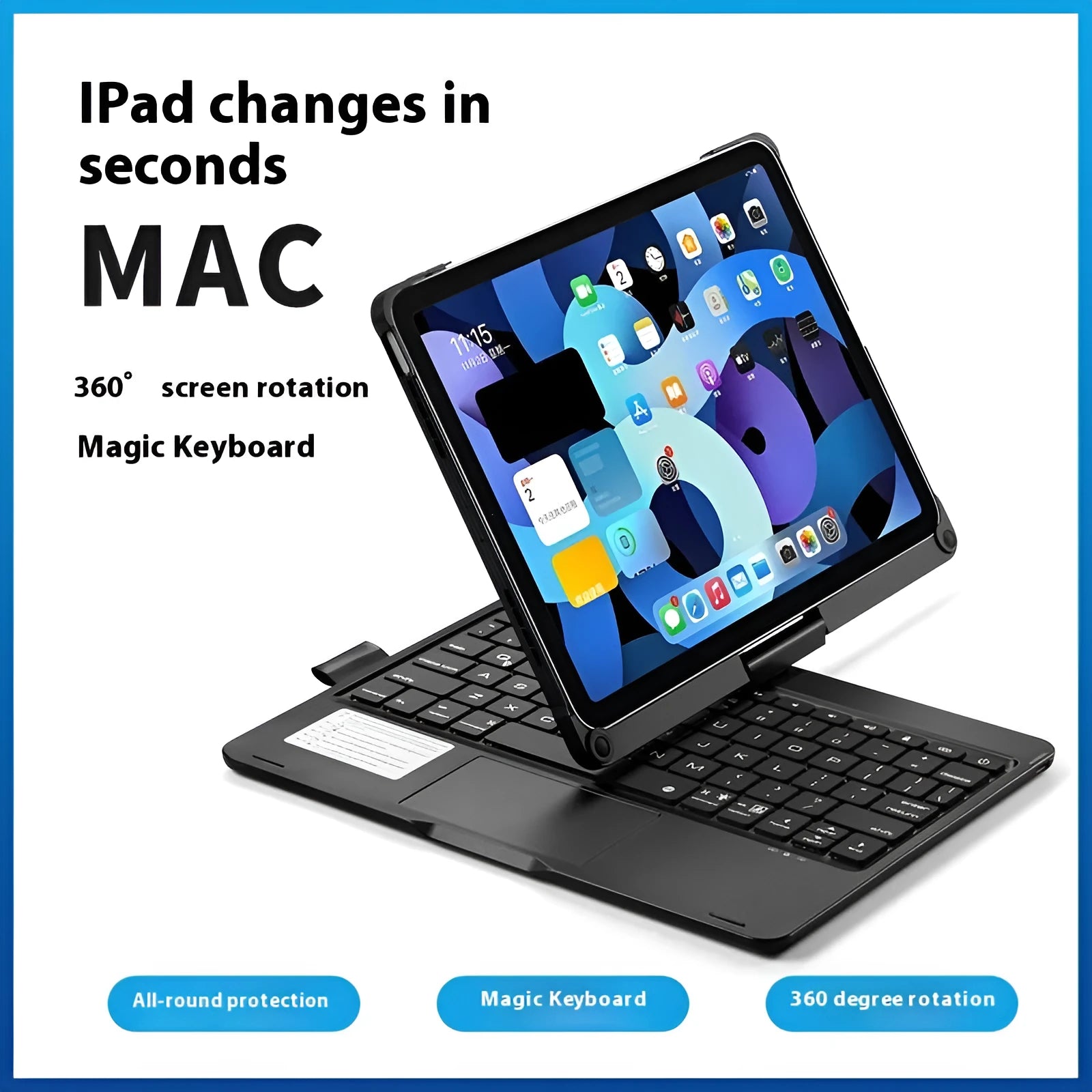 Miaocontrol Bluetooth keyboard with 360-degree rotating stand for iPad tablets in black, rose gold, or silver