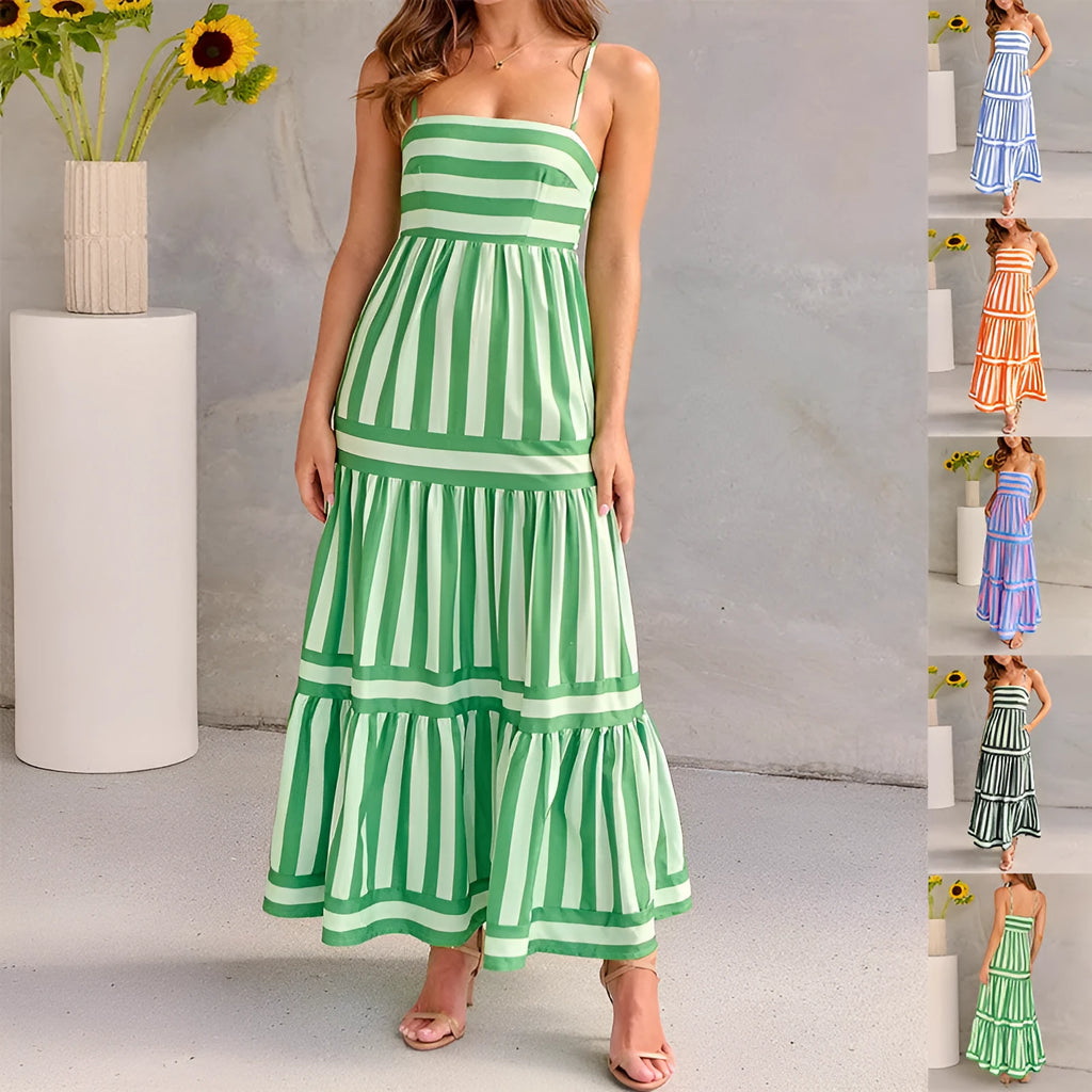 Women's striped long summer dress with suspenders, a square neck, backless design, and side pockets.