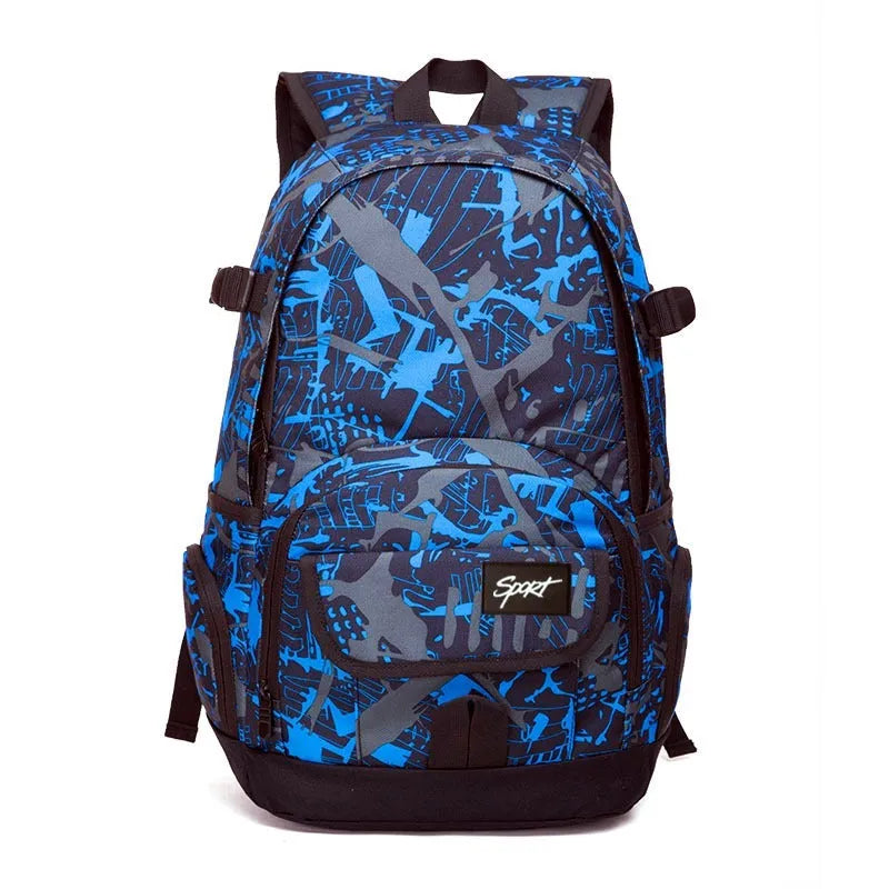 Classic large blue nylon backpack and classic large red nylon backpack side by side.