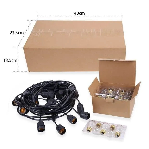 Black decorative light string with 15 bulbs across 15 metres for indoor and outdoor lighting applications