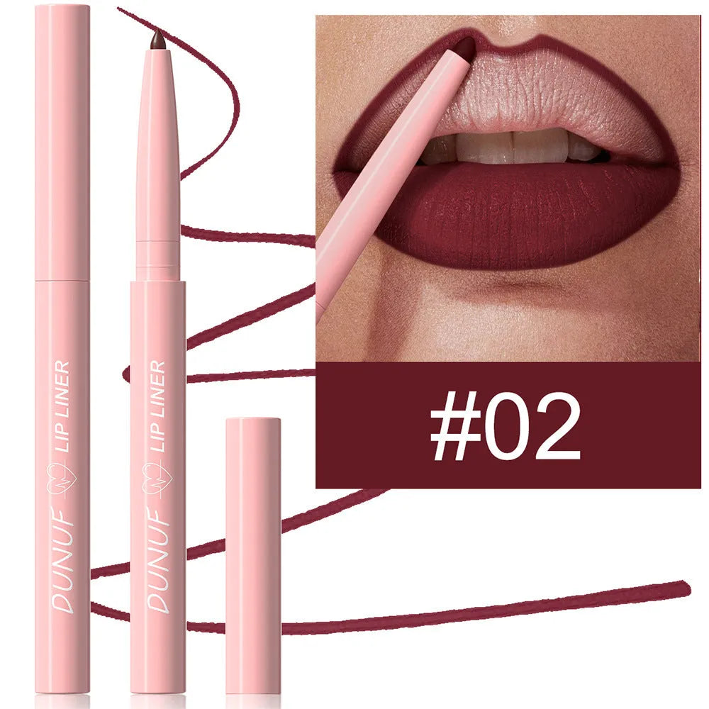 Set of twelve velvet matte lip liners in various shades for precise lip contouring