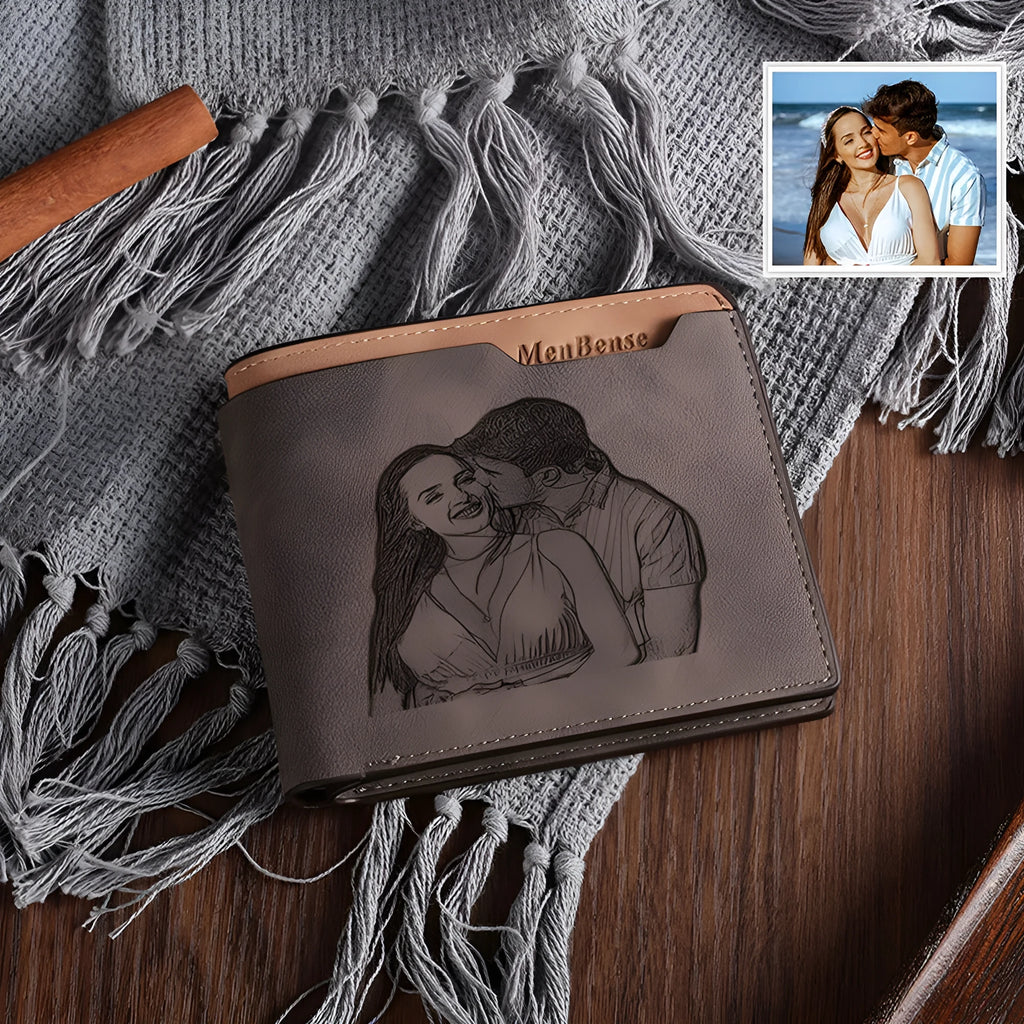 Coffee coloured engraved horizontal short wallet showing personalisation and compact 120x99x25mm dimensions