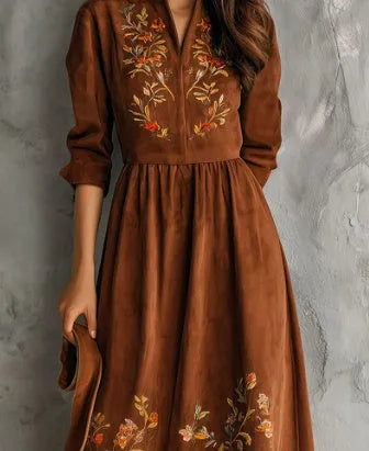 Brown vintage floral embroidered suede-effect midi dress with long sleeves