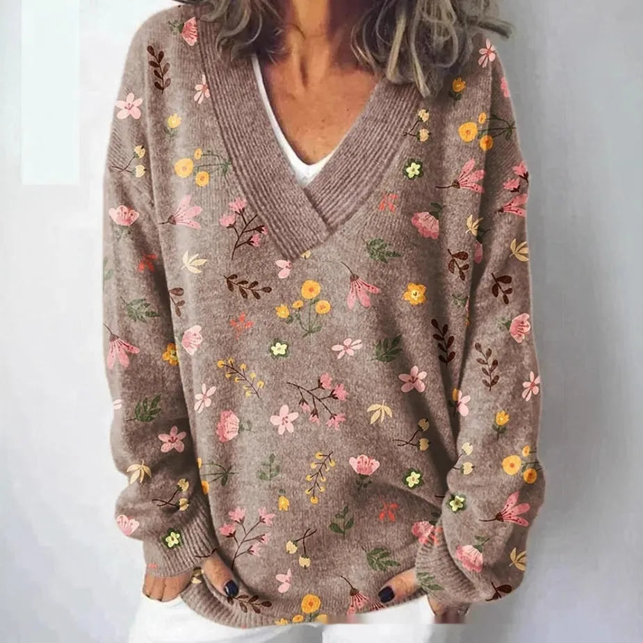 Women's V-neck long sleeve sweatshirt with a raised 3D floral pattern print in art retro style.