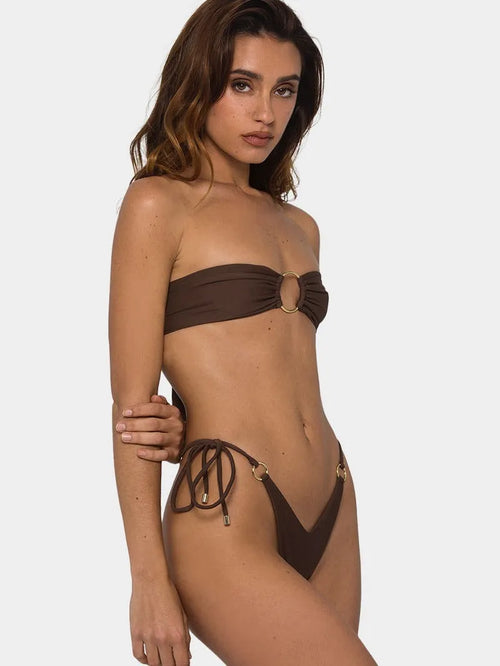 Brown women's tube-top push up bikini swimsuit with ring tether and split design