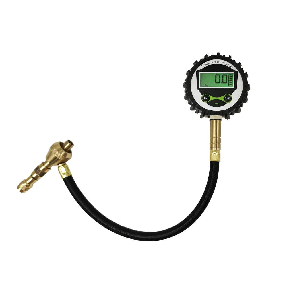Red and black mechanical tyre pressure gauge with analogue dial and deflation button for cars and SUVs.