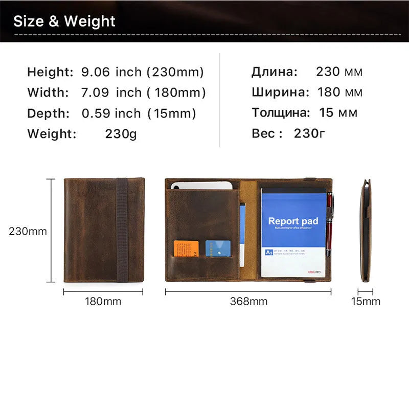 Brown Crazy Horse leather A5 notebook protective sleeve with a square shape.