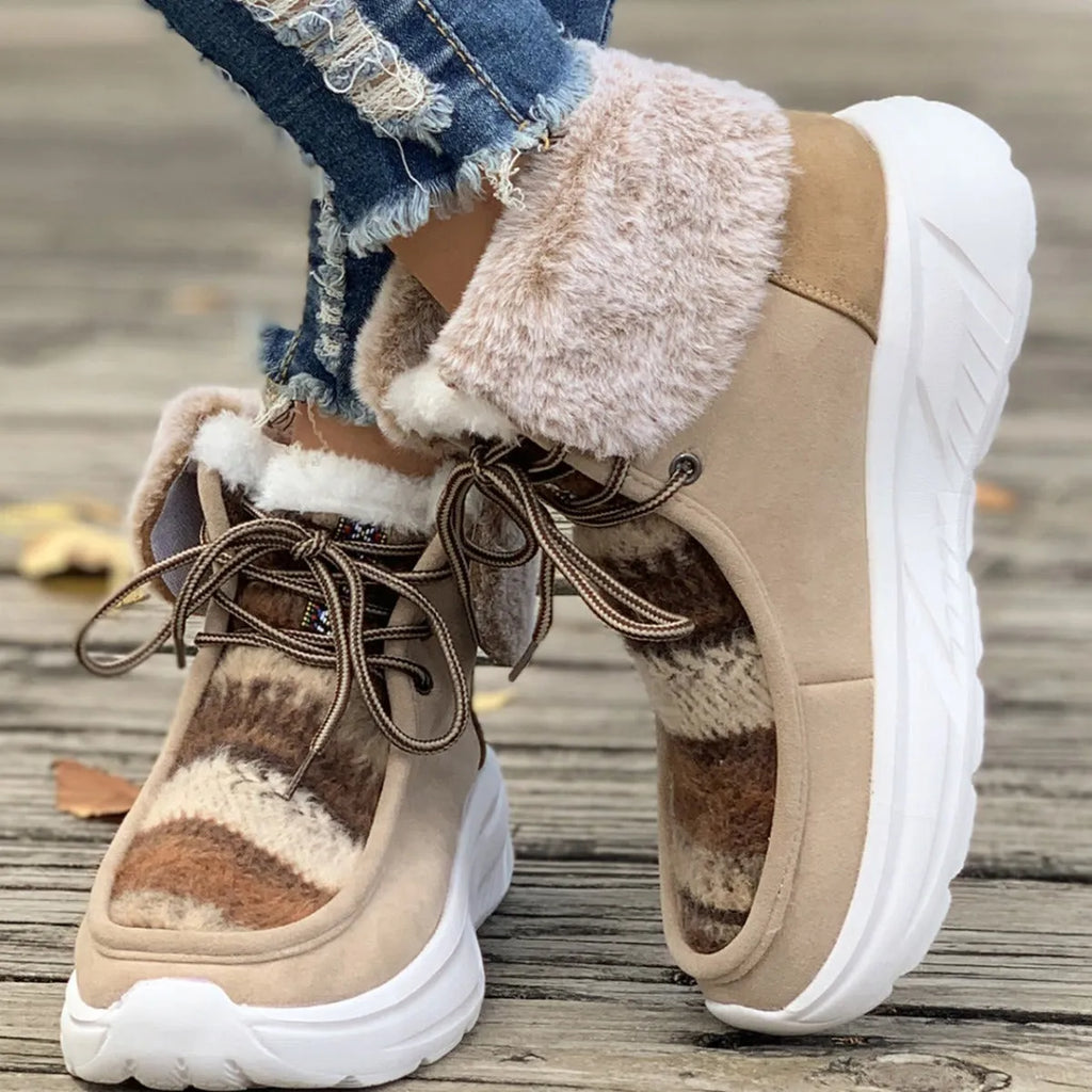 Women's beige lace-up snow boots with suede upper and platform sole