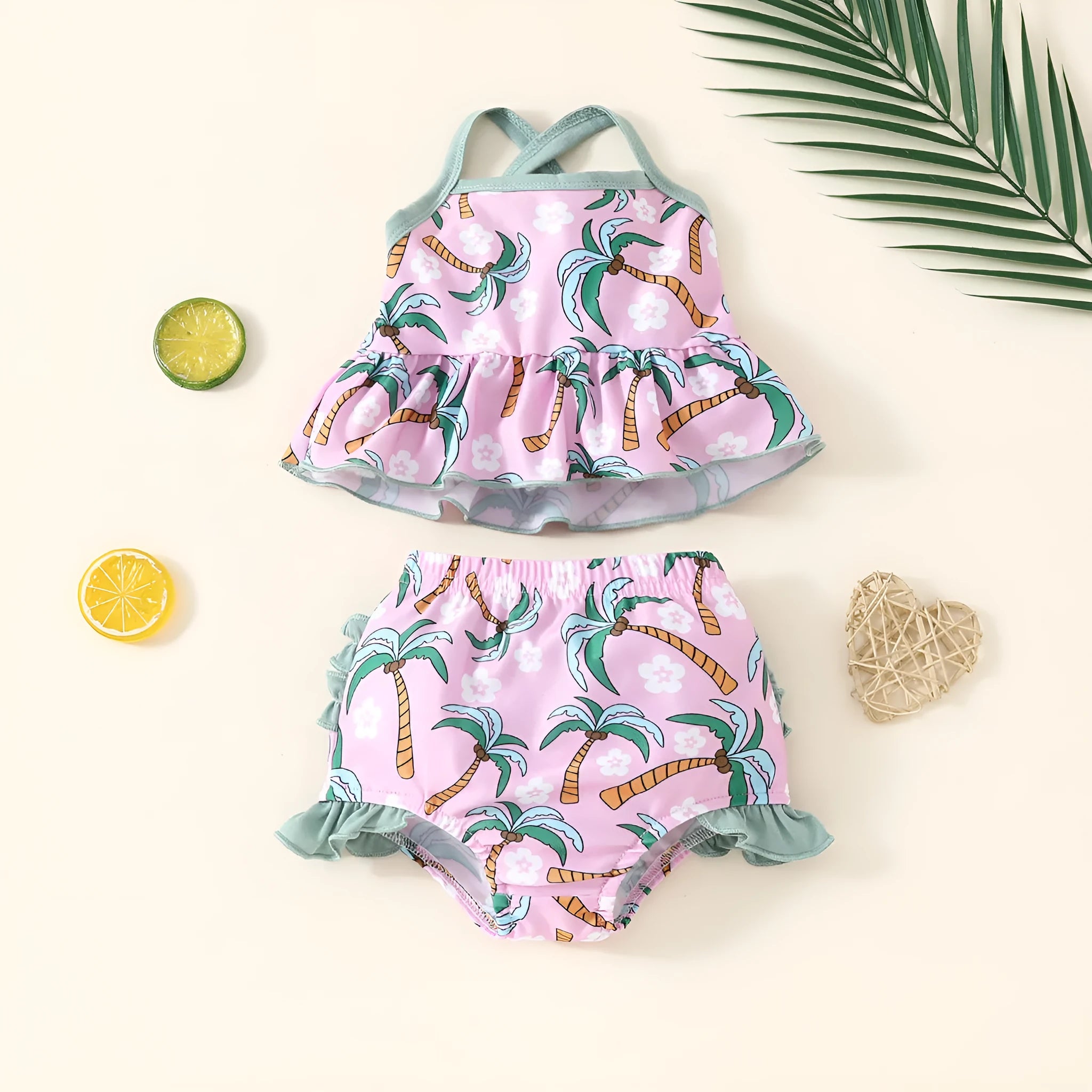Children's white two-piece swimsuit set with beach shorts for spring beach wear