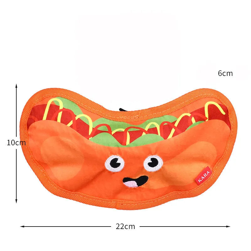 Hamburger-shaped crinkle and squeaky dog toys without stuffing for safe interactive play