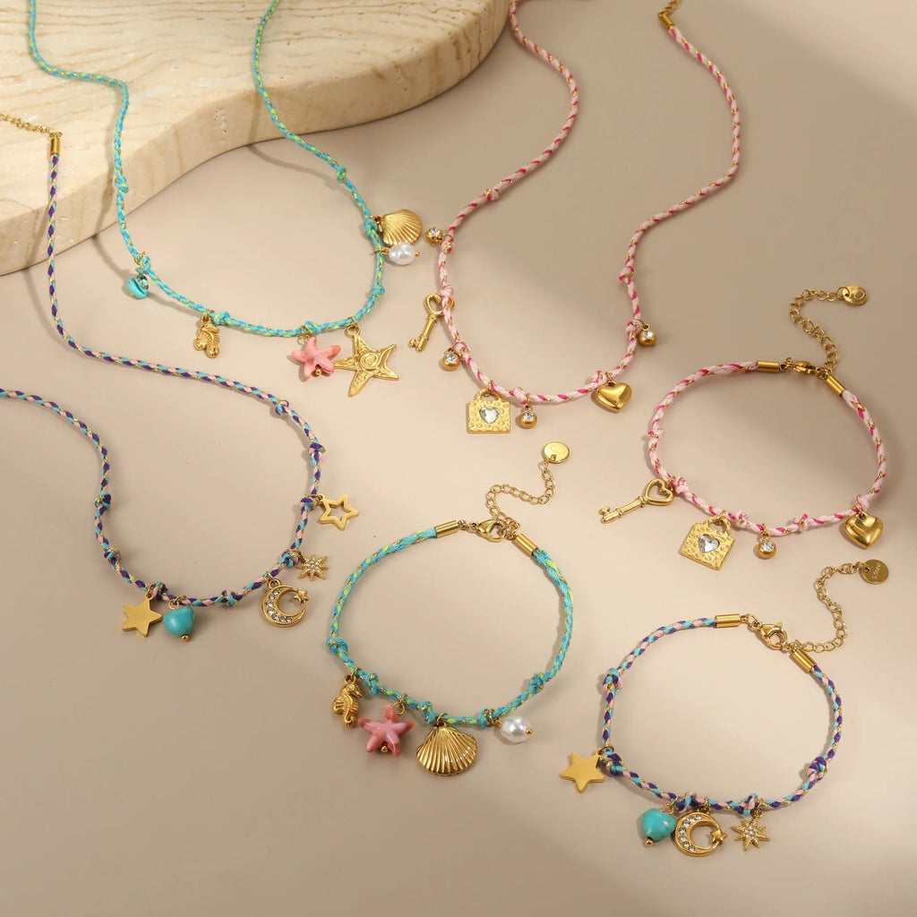 Titanium steel necklace with handmade colour braided rope and electroplated heart-shaped pendant